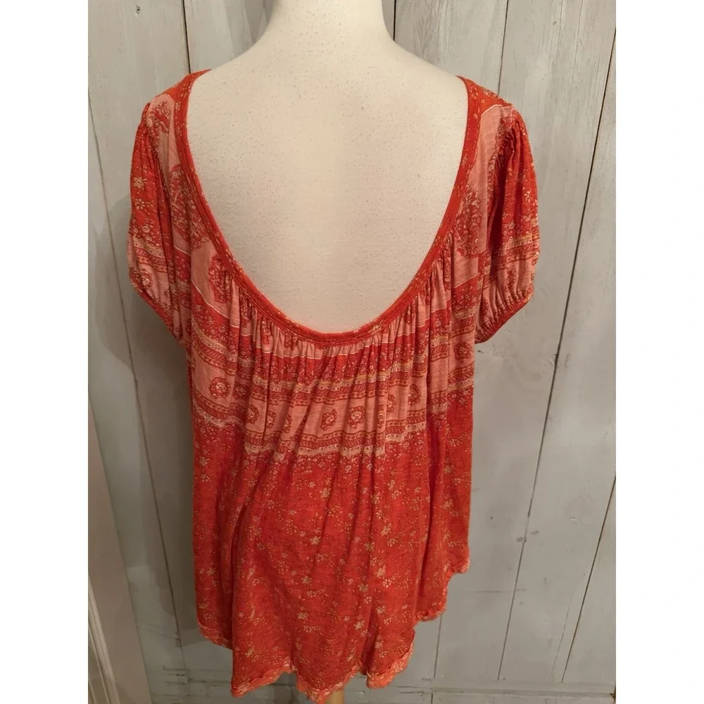 Free People Fruit Punch Combo Top S Paisley Boho Puff‎ Sleeves Oversized Red
